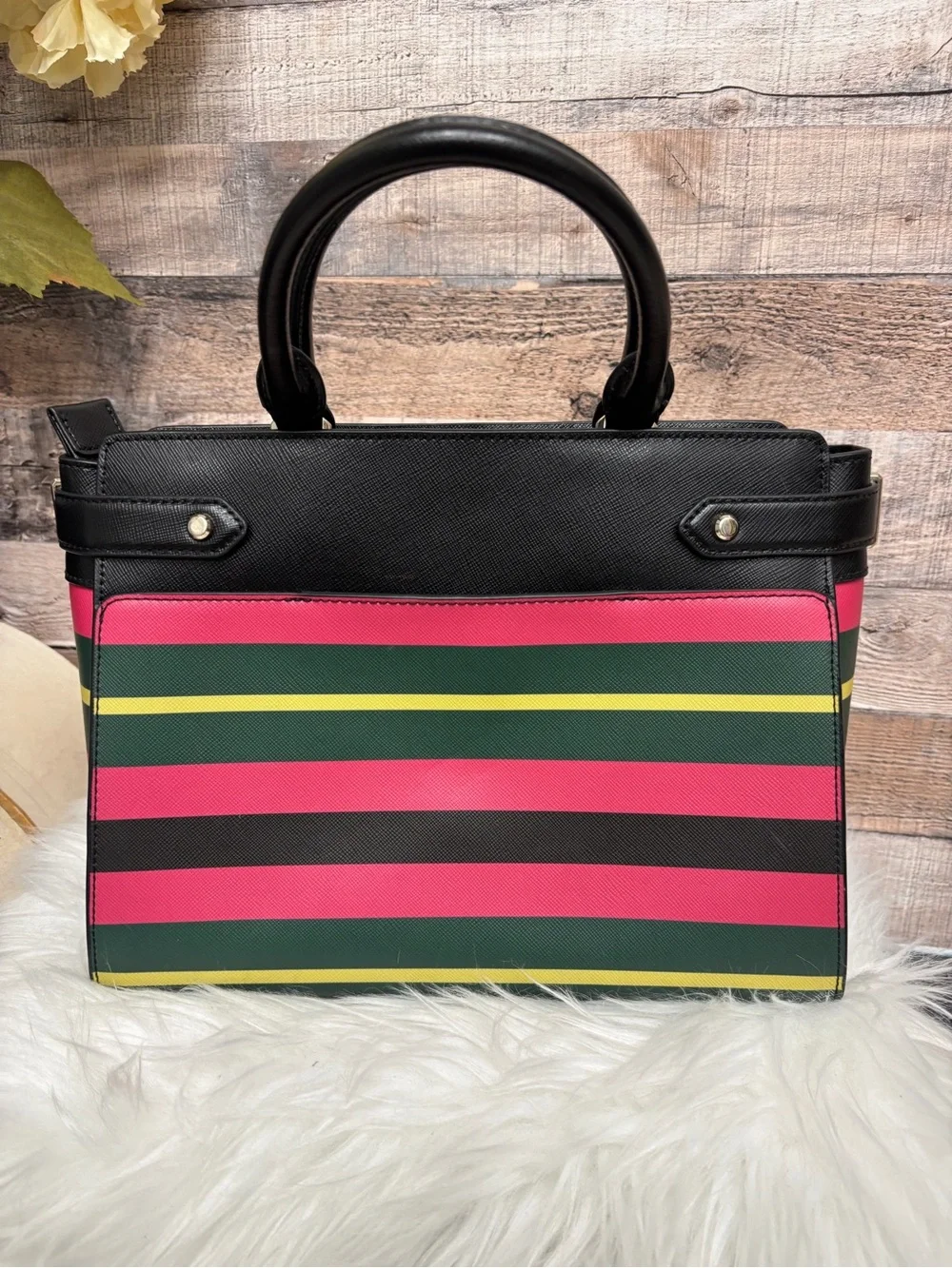Kate Spade Black w/ Pink, Green, and Yellow Striped Saffiano Leather Satchel - Picture 3 of 7